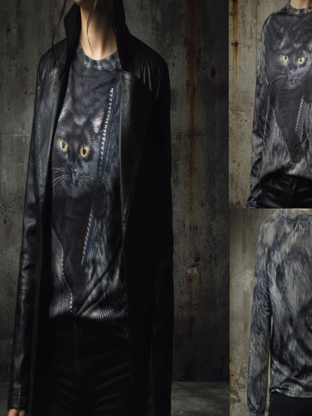 Long Sleeve Top | Illusion Black Cat & Faux Zipper Print